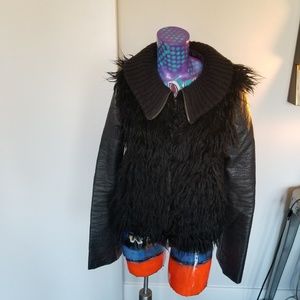 Blk distressed leather  Faux Fur moto jacket